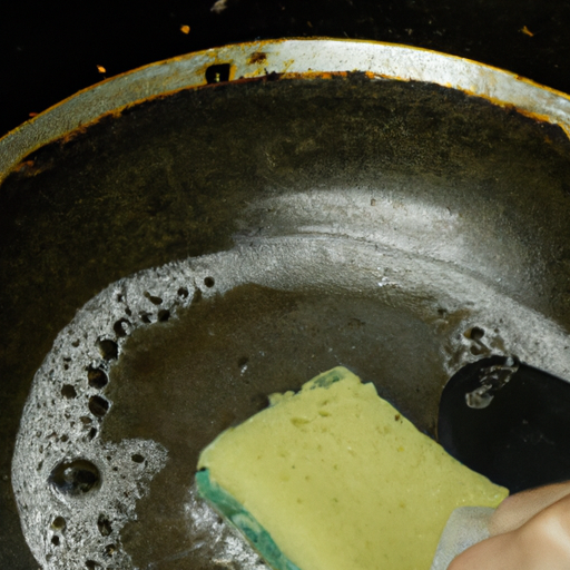 Cleaning a non-stick pan with a sponge after cooking